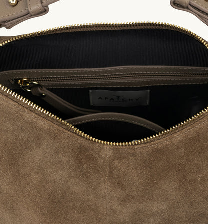 The Charlie mushroom suede bag featuring soft suede texture, a relaxed silhouette, and practical design for everyday elegance-5